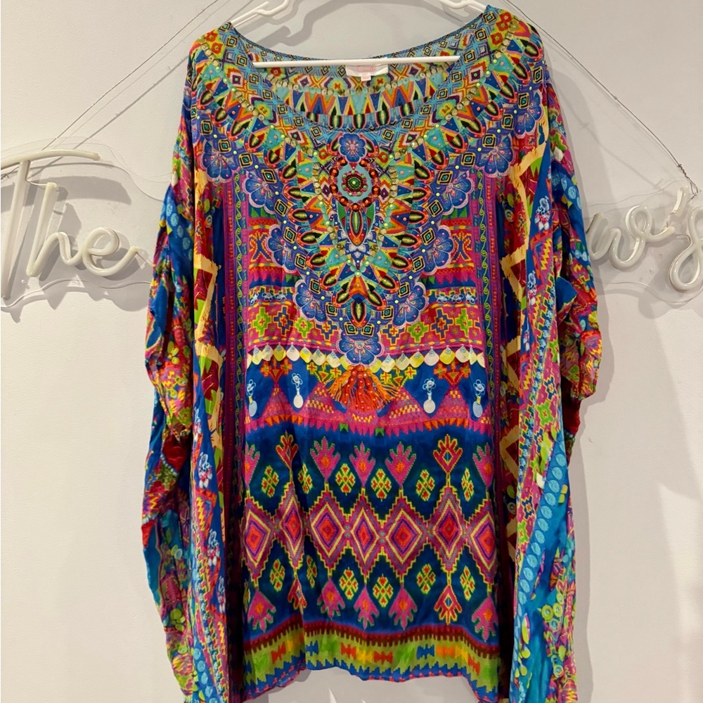 Camilla embellished Multicolor Bohemian Tunic Top - Blue Pink Green Accents
